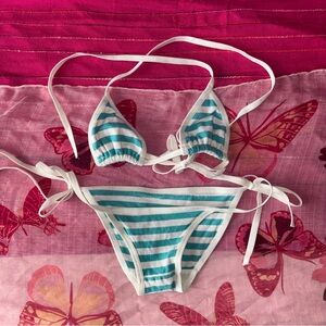 Striped Teal and White Bikini Set